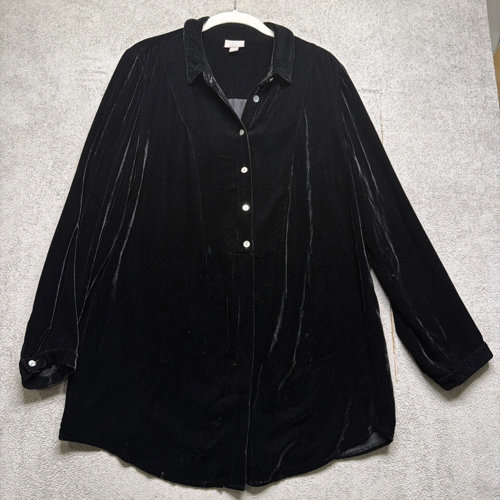 J Jill Black Velvet Silk Blend Button Up Blouse Women's Large Soft Draped Top